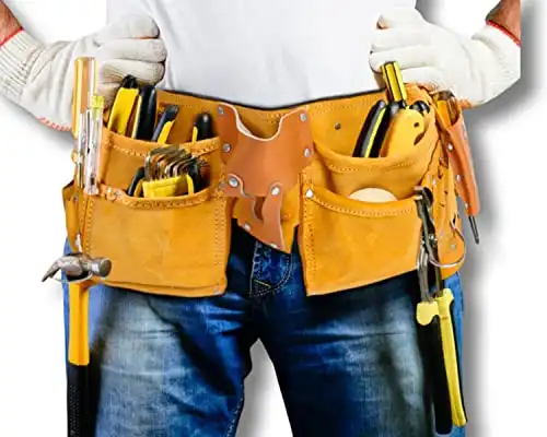 11 Pocket Leather Handyman Tool Belt - Adjusts from 33" to 48" (Tan/Lt Brown)